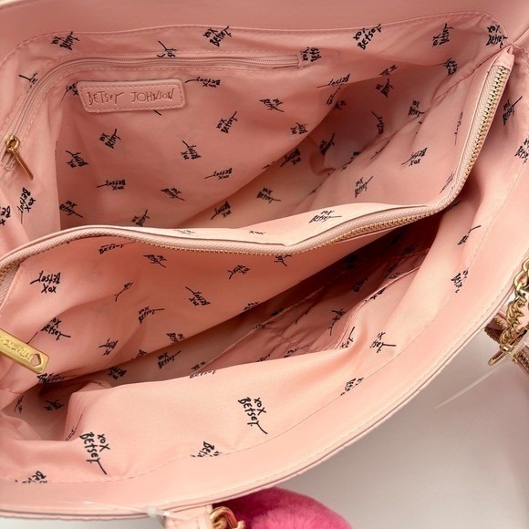 Betsey Johnson Pink Skull Embossed Tote Bag with Matching Pouch and Pom Charm